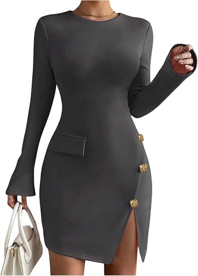 Floerns Women's Elegant Long Sleeve Fall Dress Split Business Casual Office Bodycon Mini Dresses, Small