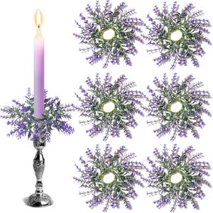 6 Pcs 1.38" Mini Spring Lavender Taper Candle Rings Wreaths Small Artificial Purple Lavender Taper Candle Holder Wreath for Farmhouse Home Candlesticks Table Centerpieces Decor