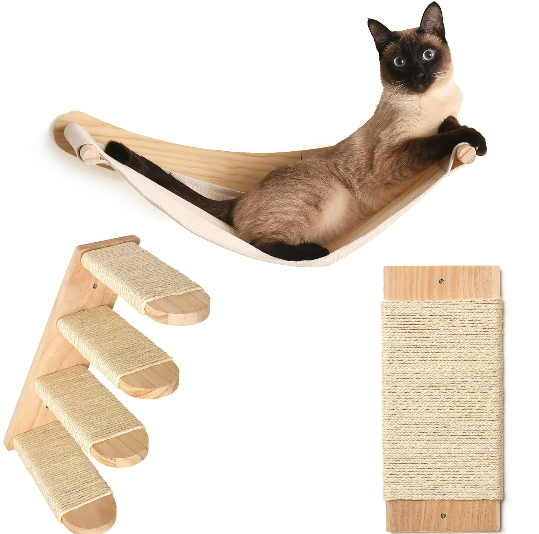 Chasing Tails Cat Wall Shelves - Four Step Cat Shelf with Scratch Board, Mounted Cat Shelves, Sturdy Cat Wall Furniture for Indoor Cats, Kittens - Extra Cat Wall Hammock Cover Included