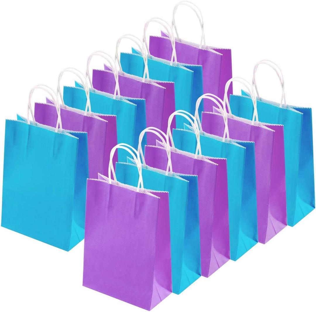 Cooraby 20 Pieces Kraft Paper Bags Party Favor Bags Craft Gift Bag with Handle for Birthday, Baby Shower, Wedding (Light Blue, Light Purple)