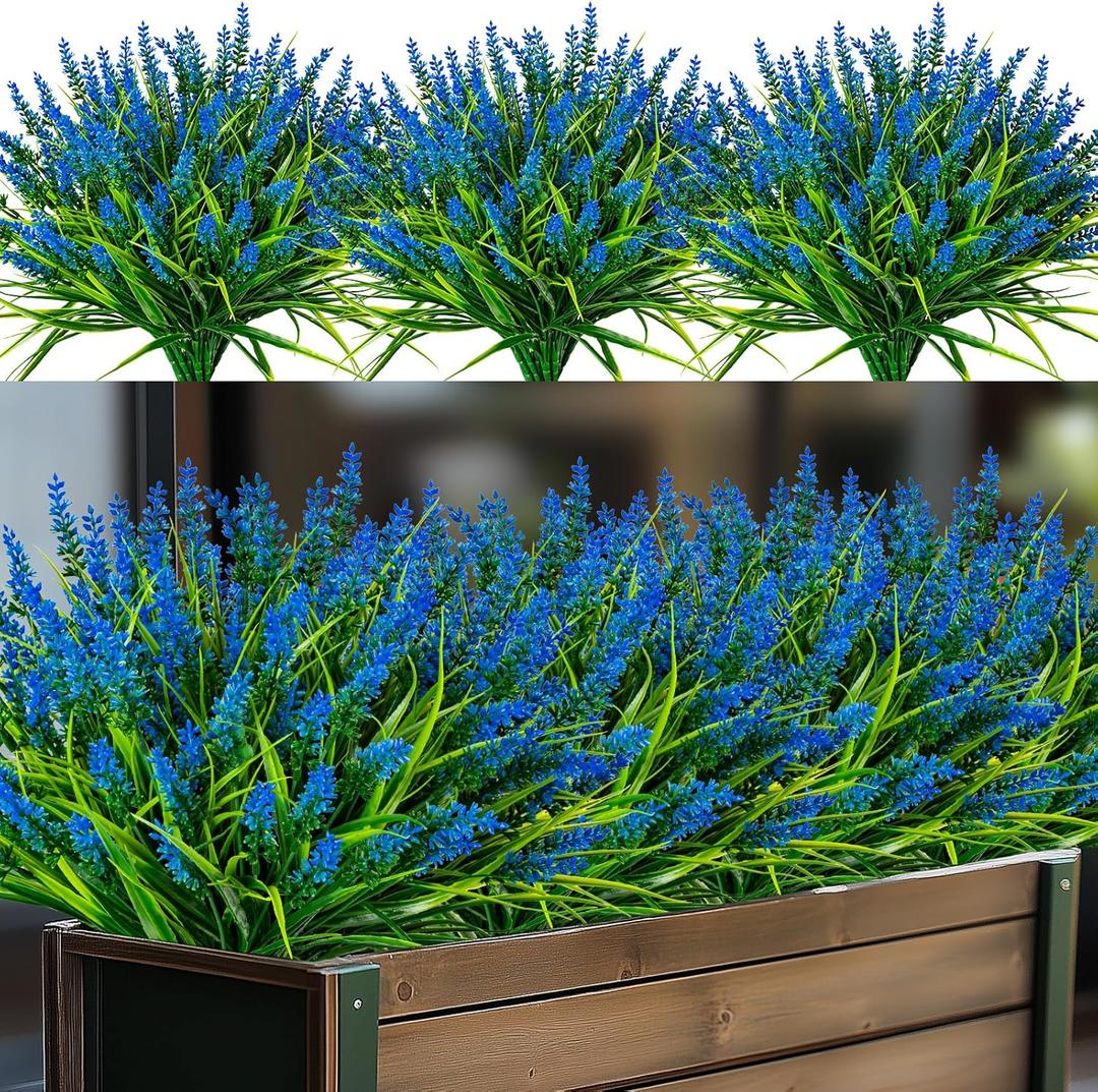 Nigirior Artificial Flowers for Outdoor Plants 24 Bundles Fake Lavender Plastic Faux Monkey Grass for Verandah Window Garden Office Patio Front Porch UV Resistant for Planter(Blue)