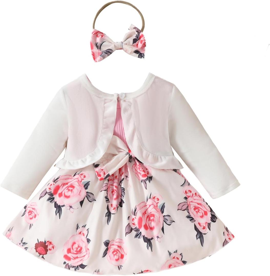 ZAXARRA Toddler Baby Girls Fashion Outfits Sleeveless Flower Print Dress Long Sleeve Ruffle Coat Bow Headband Clothing sets (5-7 Y, White)