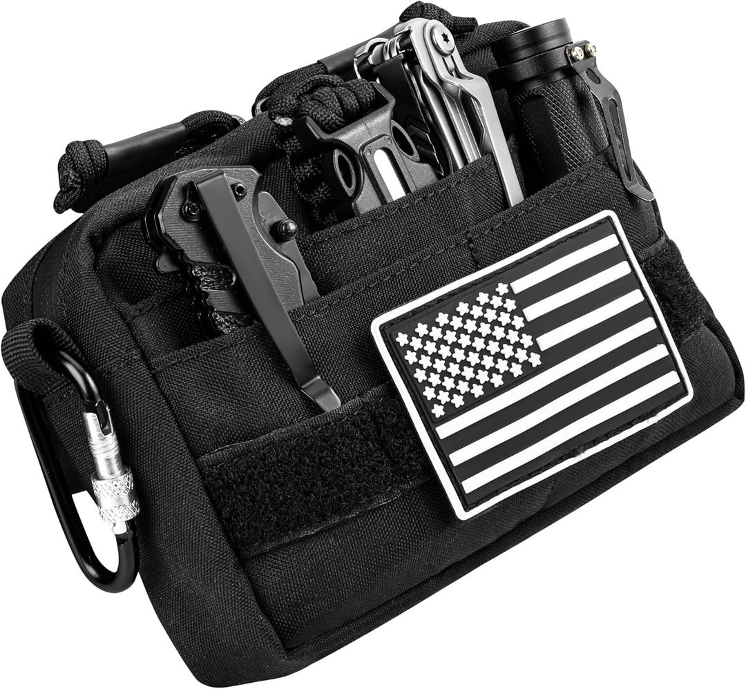 MOZETO Belt Pouches for Men, Water Resistant Small Belt Bag with USA Flag Patch, Pocket Organizer Storage EDC Gear for Work, Travel, Hiking (Black)