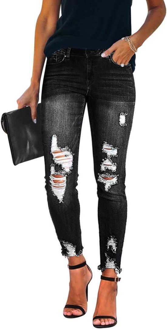 KUNMI Women's Ripped Skinny Jeans Distressed Stretchy Denim Pants (Black, M)