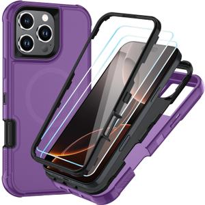 SunStory Magnetic for iPhone 16 Pro Case with HD Screen Protector, Compatible with MagSafe, 3-Layer Heavy Duty Full-Body Cover, 3 in 1 Hybrid Protective Case for iPhone 16 Pro 6.3",Purple