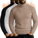 Neer 3 Pack Men's Turtleneck Long Sleeve Shirts Ribbed Sweater Mock Neck Pullover Tops Casual Knit Slim Fit Layer Basic Tee (Khaki, White, Black)