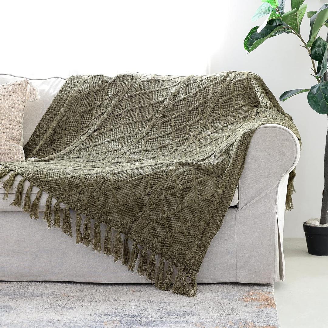 Solid Soft Cozy Cable Knitted Blanket Throw, Lightweight Decorative Textured Green Throw Blanket with Fringes for Couch Chairs Bed Sofa, Olive Green, 50"x 60"