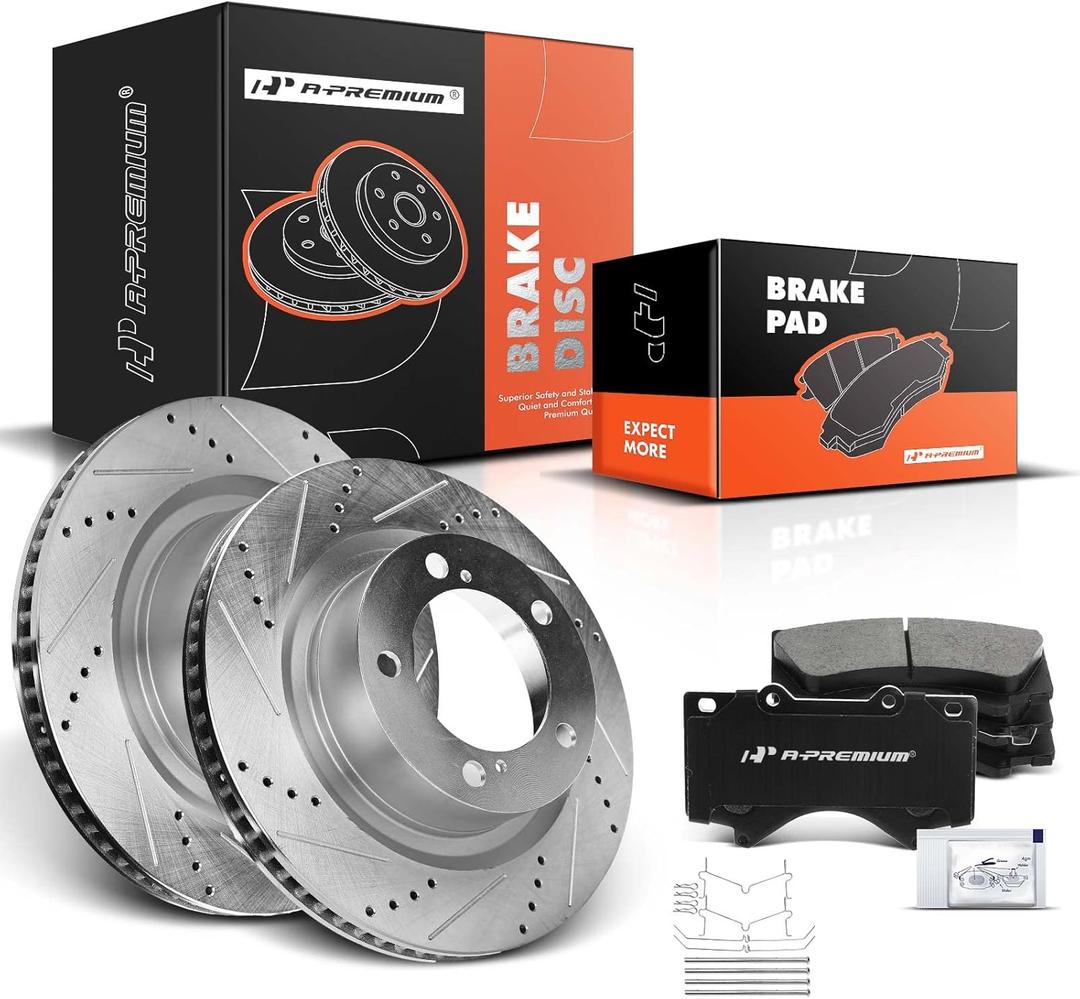 A-Premium 13.92 in(353.5 mm) Front Drilled and Slotted Disc Brake Rotors + Ceramic Pads Kit Compatible with Select Toyota and Lexus Models- Sequoia 08-21, Tundra 07-21, Land Cruiser 16-20, LX570 16-20