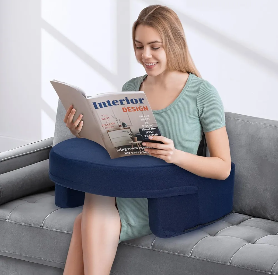 ITEFDTUTNE Reading Pillow for Gaming Extra Large, Adjustable Lap Desk Pillow with Pocket, Soft Memory Foam Arm Rest Pillow for Adult, Gaming Pillow for Lap, Sitting in Bed Floor Sofa, Blue