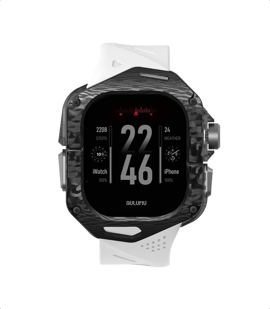 Aulumu A01 Carbon Fibre Case with Apple Watch Ultra Band 49MM | Luxury Lightweight Design | Only for Apple Watch Band Ultra 1/2 49mm | Carbon Fibre Case (White Straps)