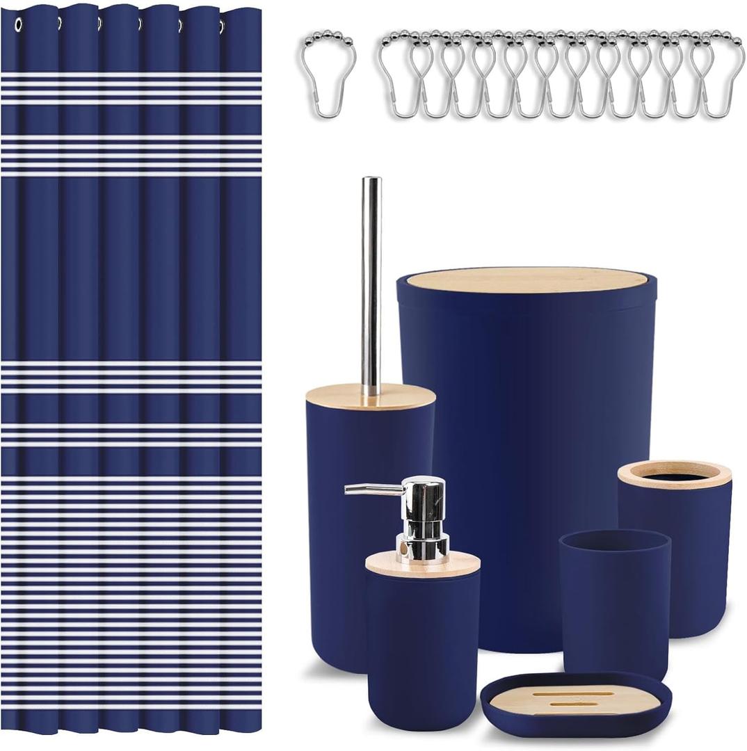 Britimes Bathroom Accessories Sets, Blue Shower Curtain Set with Trash Can, Soap Dispenser, Toilet Brush Holder, Toothbrush Holder and Toothbrush Cup for Bathroom Decor 72"*72"