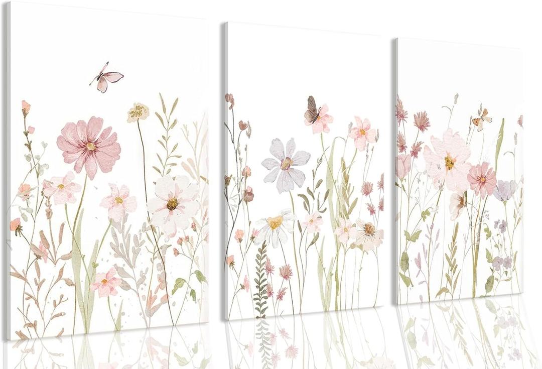MTFBWY Floral Canvas Wall Art Flower Framed Art Prints Set of 3 Pink Wildflower Printing Botanical Nursery Pictures Wall Decor Artwork for Living Room Bedroom Bathroom 16x24in