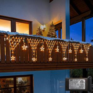 DBFAIRY Christmas Net Lights,196 LED 13.1x1.9Ft Waterproof Outdoor Christmas Lights Net Mesh Light Mains Powered Timer Built in LED Net Light Holiday Decor for Balcony Fence Roof Railing Wall (Warm White Star)