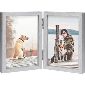 FOREV 3.5x5 Double Picture Frame Wooden Hinged Photo Frame Definition Glass Stand Vertically on Desktop or Tabletop Silver