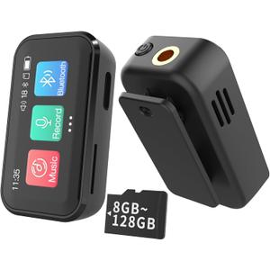 MP3 Player with Bluetooth, Portable Digital Lossless 32G Music Player with Built-in Speaker, 1.47 in Full Touch Screen, Digital Voice Recorder, E-Book, FM Radio, Mini Back Clip Design (Black)