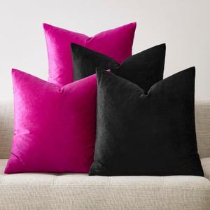 GIGIZAZA Pillow Covers 20x20 Set of 4, Black Hot Pink Velvet Soft Pillow Covers Decorative Square Modern Pillows Cushion Cases for Living Room