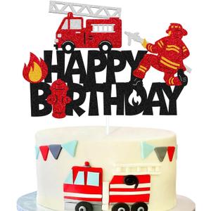 Fireman Cake Topper Fire Hydrant Truck Firefighter Helmet Alarm Engine Themed for Kids Boy Girl Happy Birthday Party Cake Decoration