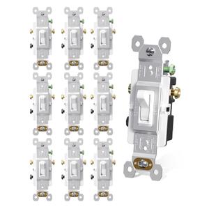 AIDA 15 Amp 3 Way Quiet Indoor Toggle Switch Self-Grounding ON Off Toggle, Residential Grade, UL Listed, Quickwire Push-in & Side Wired (White, 10 Pack)