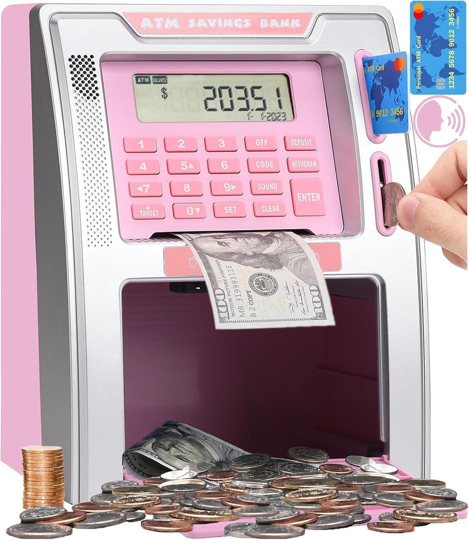 Fishboy Talking Pink ATM Piggy Bank for Kids with Dual Debit Cards, Power-Off Memory, Auto-Opening Drawer for Real Money for Girls, Onekey Shutdown, Bill Feeder, Coin Recognition, Balance Calculator