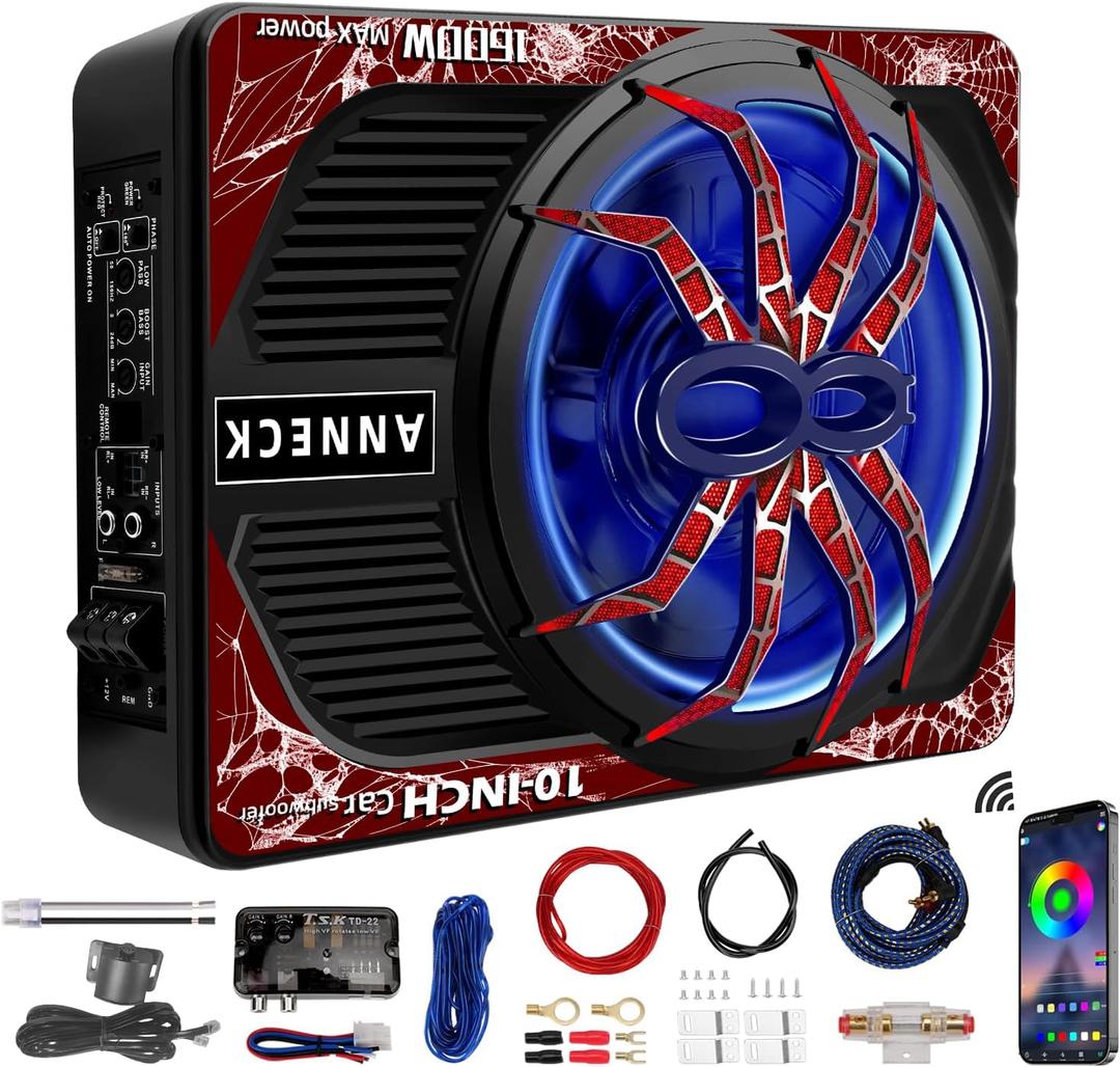 1600W 10" Slim Under Seat Subwoofers with Built-in Amp | LED Ambient Light, Deep Bass, Individual Controls (LPF/Gain/Bass Boost), High Output Distortion-Free Audio, Suitable for All Vehicle Models