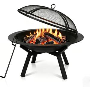 Outdoor Wood Burning Fire Pit, Heavy Duty Round Steel Fire Bowl for Backyard, Patio, Camping, Bonfire, Black Finish, with Mesh Spark Screen and Hook