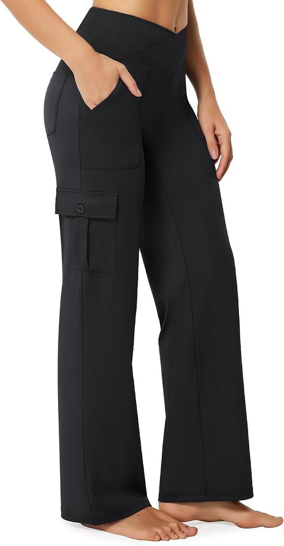 Casei Women's Wide Leg Yoga Pants with 6 Pockets Stretchy Cargo Work Dress Pants High Waisted Travel Scrub Trousers,32" Inseam Black(M)