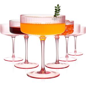 6 Pcs Ribbed Coupe Glasses, 10 oz Pink Martini Glasses Set, Cute Espresso Martini Glass & Champagne Coupe Glass, Elegant Bar Glassware for Cocktails, Wine, Outdoor Entertaining & Gifts