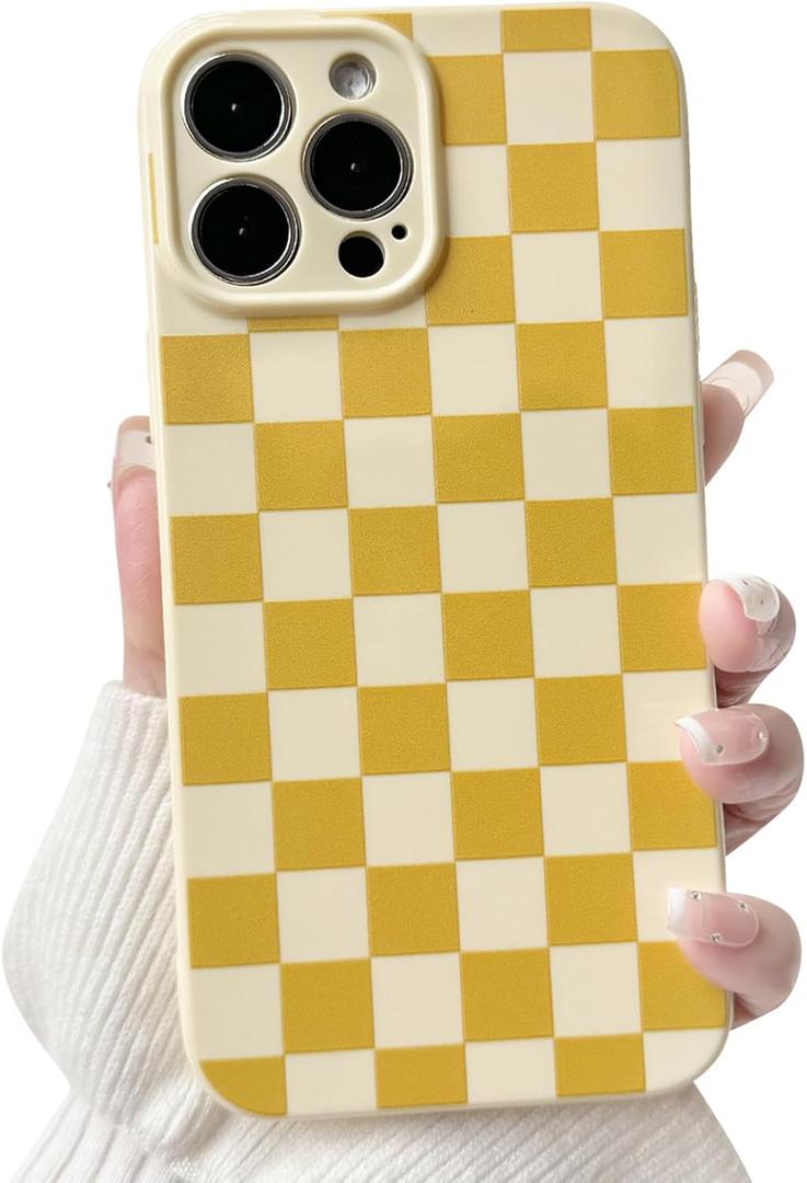 NITITOP Compatible with iPhone 13 Pro Max Case Cute Aesthetic Checkerboard Checkered Pattern for Women Girl Trendy Slim Fit TPU Silicone Shockproof Full Camera Protection Cover - Yellow