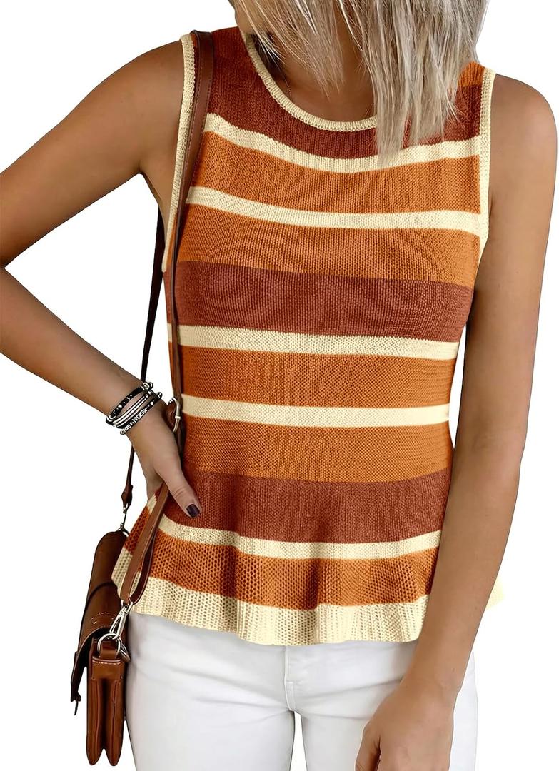 Cicy Bell Womens Striped Sweater Vest Summer Casual Sleeveless Ruffle Knit Tank Tops Crew Neck Lightweight Shirts (Brown, S)