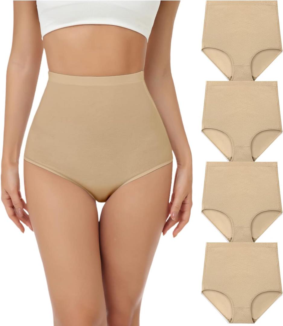 wirarpa Women's Underwear Cotton Super High Waisted Briefs Stretch Full Coverage Panties 4 Pack (Beige, XXL)