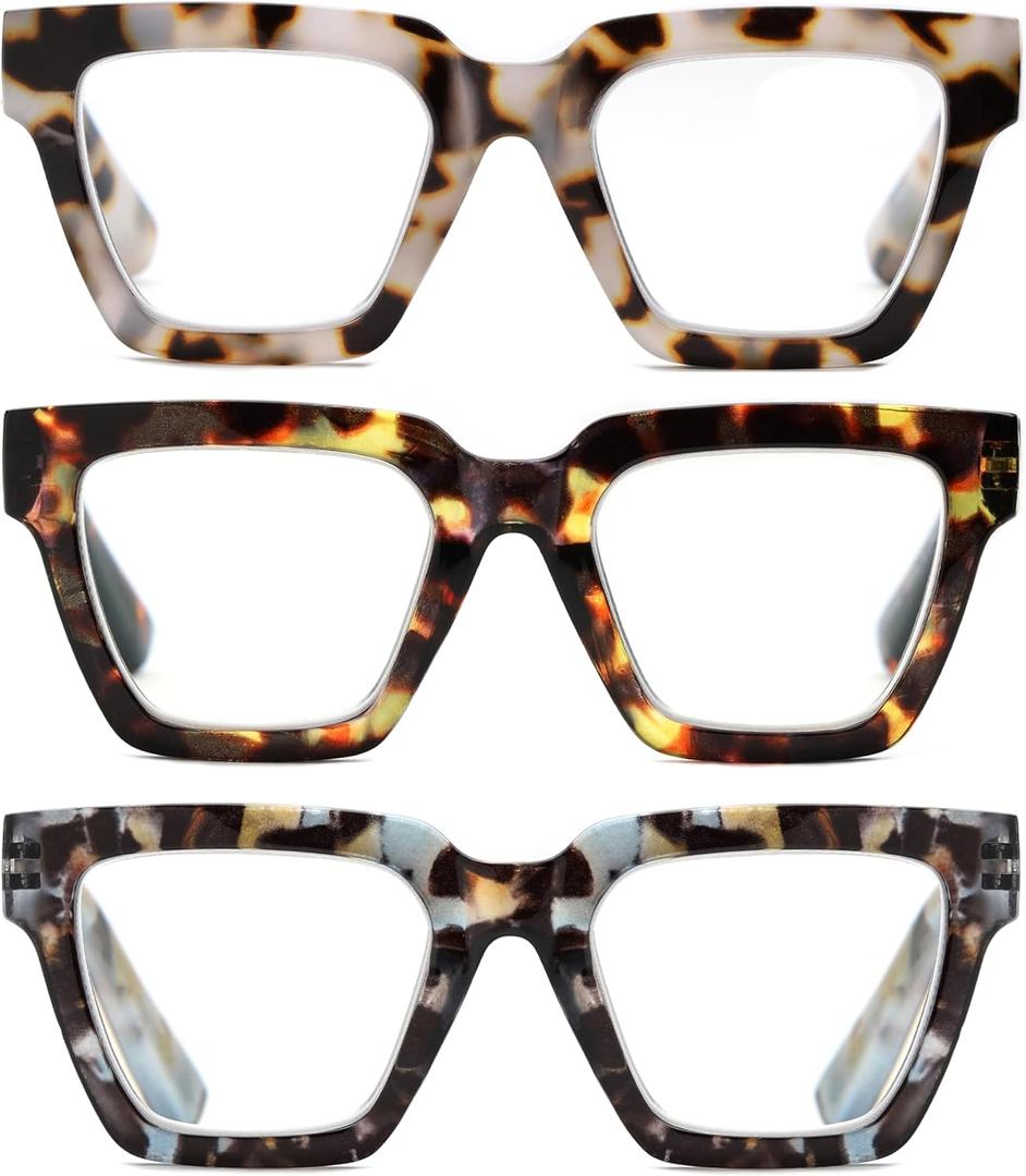 Yogo Vision Blue Light Blocking Reading Glasses for Women Big Square Oversized Computer Readers (3 Pack) (Milky Brown, Brown Havana, Blue Havana), +2.00