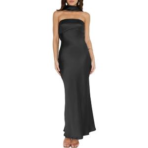 Women's Summer Satin Strapless Tube Top Maxi Dress Elegant Silk Backless Halter Neck Formal Party Dresses Wedding Guest (Black, XS)
