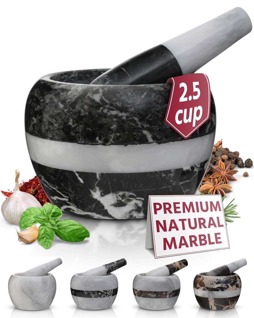 Gusto Nostro Natural Marble Mortar and Pestle Set | 5 Inch - 2.5 Cup Large Mortar Pestle Set for Grinding Herbs, Nuts, Grains | Pesto Grinding and Guacamole Stone Bowl | Marble Spice Crusher (Black Zebra with White Stripe)