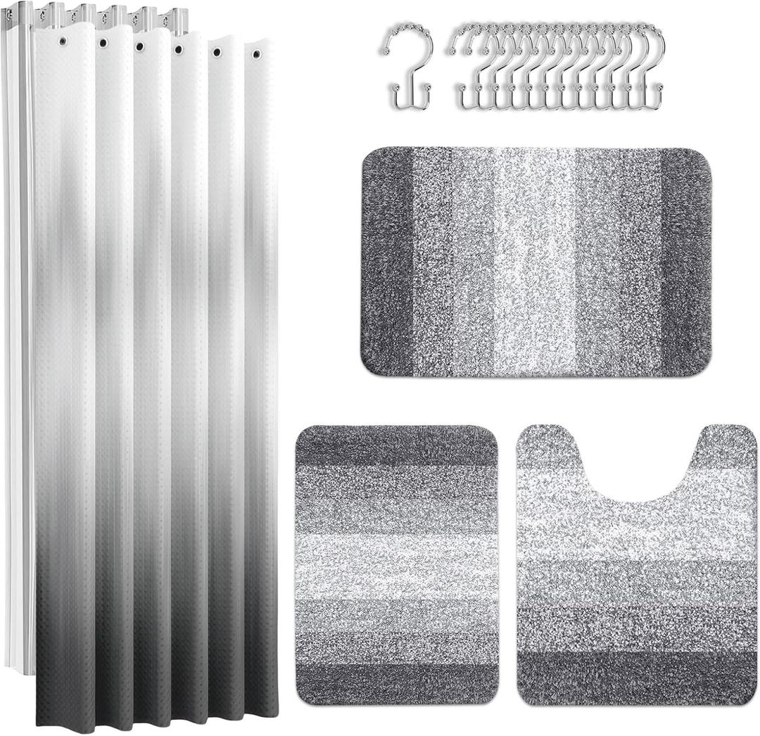 Britimes Grey Stripes Bathroom Sets with Shower Curtain and Rugs, Ombre Modern Abstract Vintage Waterproof Shower Curtain Liner and Soft Non Slip Bath Mat for Bathroom Decor and Accessories Hooks