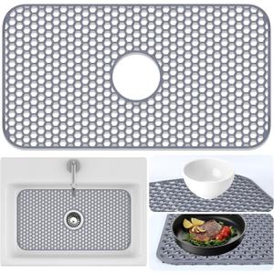 Sink Protectors Mat - 25.79"x13.98" Kitchen Sink Pad for Bottom of Basin for Protection of Stainless Steel and Tableware, Farmhouse Rubber Basin Mat Protector with Center Drain - Light Gray