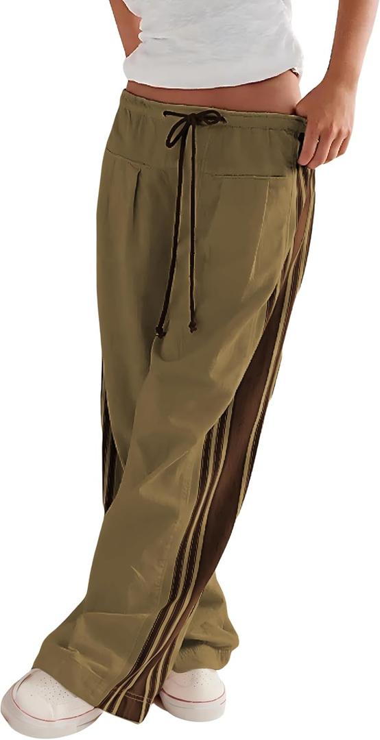 Hongsui Women's Wide Leg Pants Drawstring High Rise Side Striped Slouchy Palazzo Pants with Pockets (Brown) L