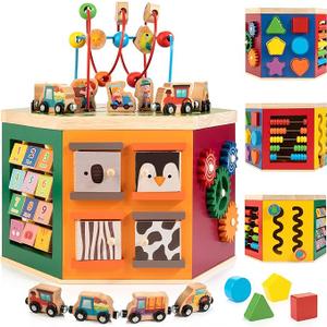 Large Activity Cube, 9-in-1 Farm-Themed Wooden Play Center, Multipurpose Montessori Toy for 1-2 Year Old Baby Toddler Kid, First Birthday Gift | Bonus Magnetic Train Cars