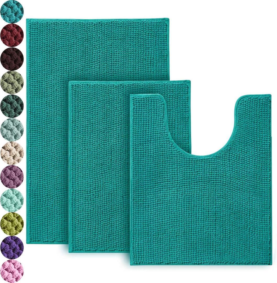 Urvoix 3 Pieces Bathroom Rugs Set, Non-Slip Chenille Bath Rug, Ultra Soft and Super Absorbent Bath Mat for Bathroom, Toilet and Tub (Teal Green)