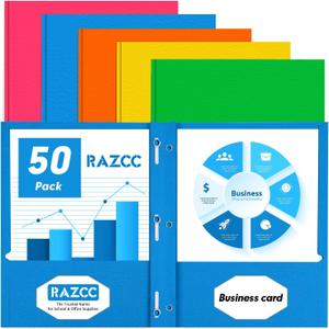Two Pocket Folders, RAZCC 50 Pack Two Pocket Folders with Prongs, 3 Prong Folders Fit Letter Size Paper, Pocket Paper File Folders for School Office Home Business, Assorted 5 Colors