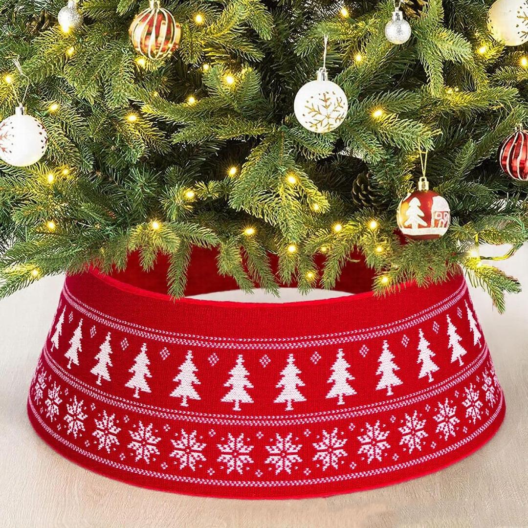 Knit Christmas Tree Collar for 5-9 FT Trees, Adjustable 23-30 Inch Tree Skirt with Snowflake & Christmas Tree Pattern, Decorative Xmas Base Cover, Red