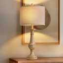 PoKat 27.5" Farmhouse Table Lamp for Living Room, Mid Century Tall Table Lamp for Bedroom, Bedside Lamps for Night Stands, Wood Bedroom Lamp for End Table, Traditional Lamp, Distressed Washed White (1 Set - Beige and White)