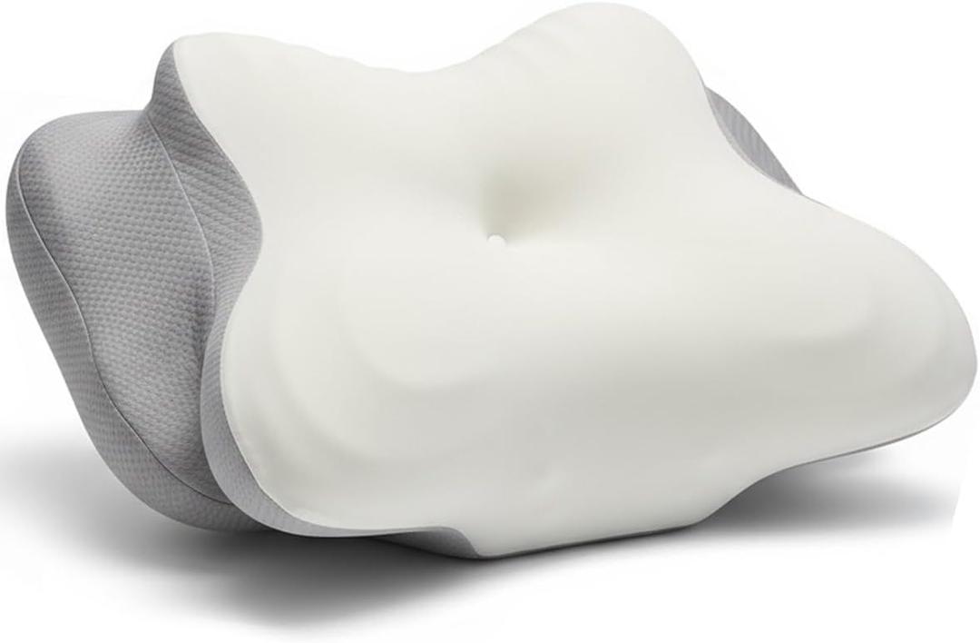 Cervical Pillow for Neck Pain Relief Patented Ergonomic Memory Foam Sleep Apnea Pillow for Side, Back & Stomach Sleepers Anti-Snoring (Standard Height) (Grey+white)