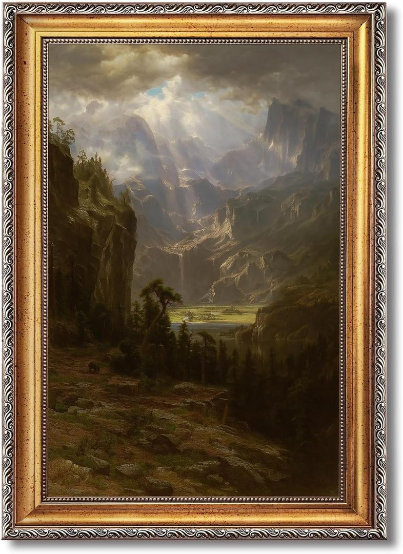 Framed Epic Mountain Landscape Wall Art Romantic Countryside Wilderness Painting Poster Dramatic Light Valley Canvas Prints Moody Aesthetic Home Decor for Living Room Office 24x36inch