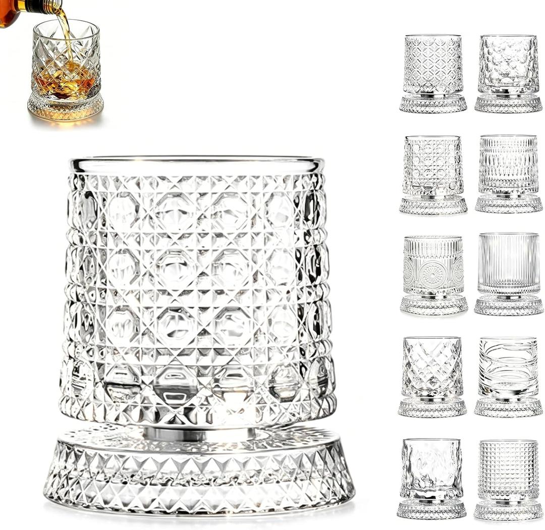 Rotating Whiskey Glass, 360 Degree Spinning Crystal Tumbler for Stress Relief, Heavy Base Kinetic Old Fashioned Glass for Scotch Bourbon, Unique Gift for Men Dad Husband on Birthday