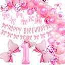 Pink Bow First Birthday Decorations,Coquette One Year Old Party Decors Include Banner Bow and Number Balloons Spiral Decor For Girl 1st Birthday