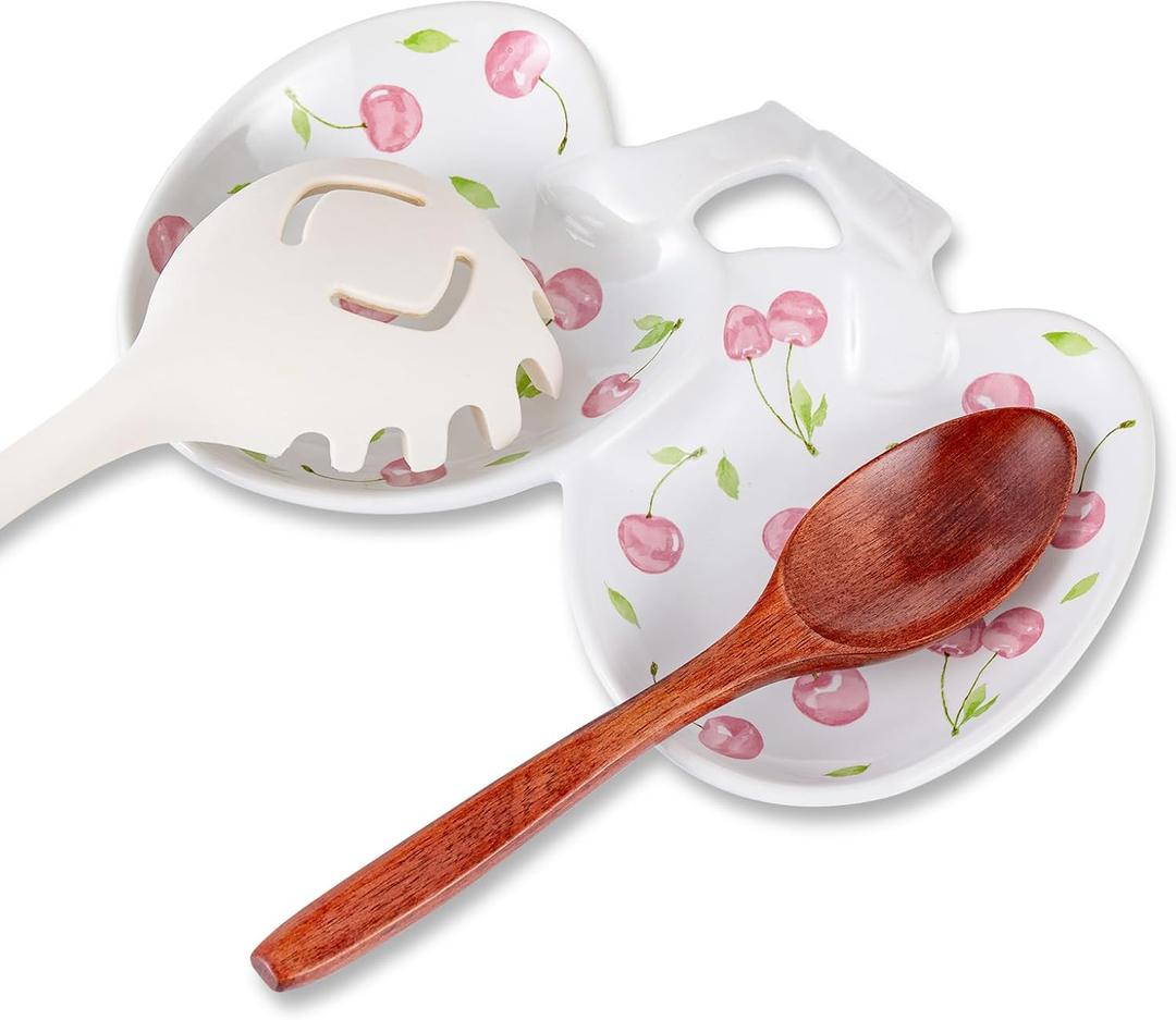 TEATALK Spoon Rest for Stove Top: Ceramic Spoon Holder, Cooking Spoon Rest for Kitchen Counter Decor, Heat-Resistant (White and Pink)