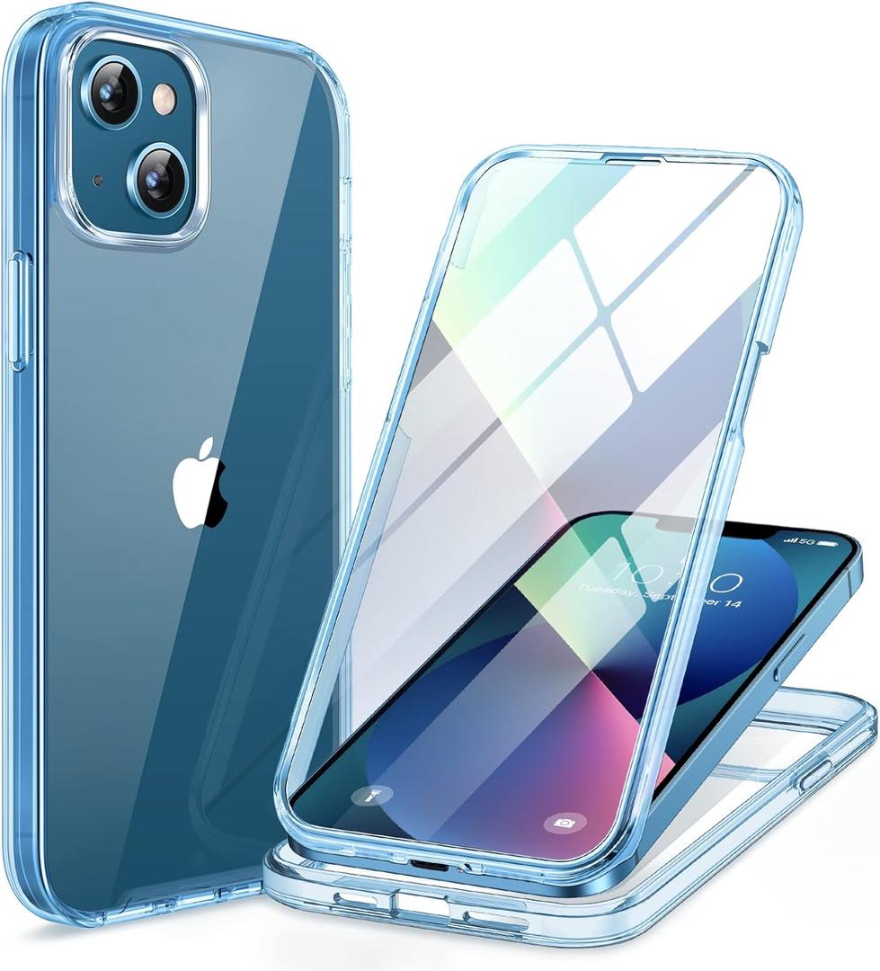 Miracase Glass iPhone 13 Case 6.1 inch, 2023 Upgrade Full-Body Clear Bumper Case with Built-in 9H Tempered Glass Screen Protector for iPhone 13,Clear Blue