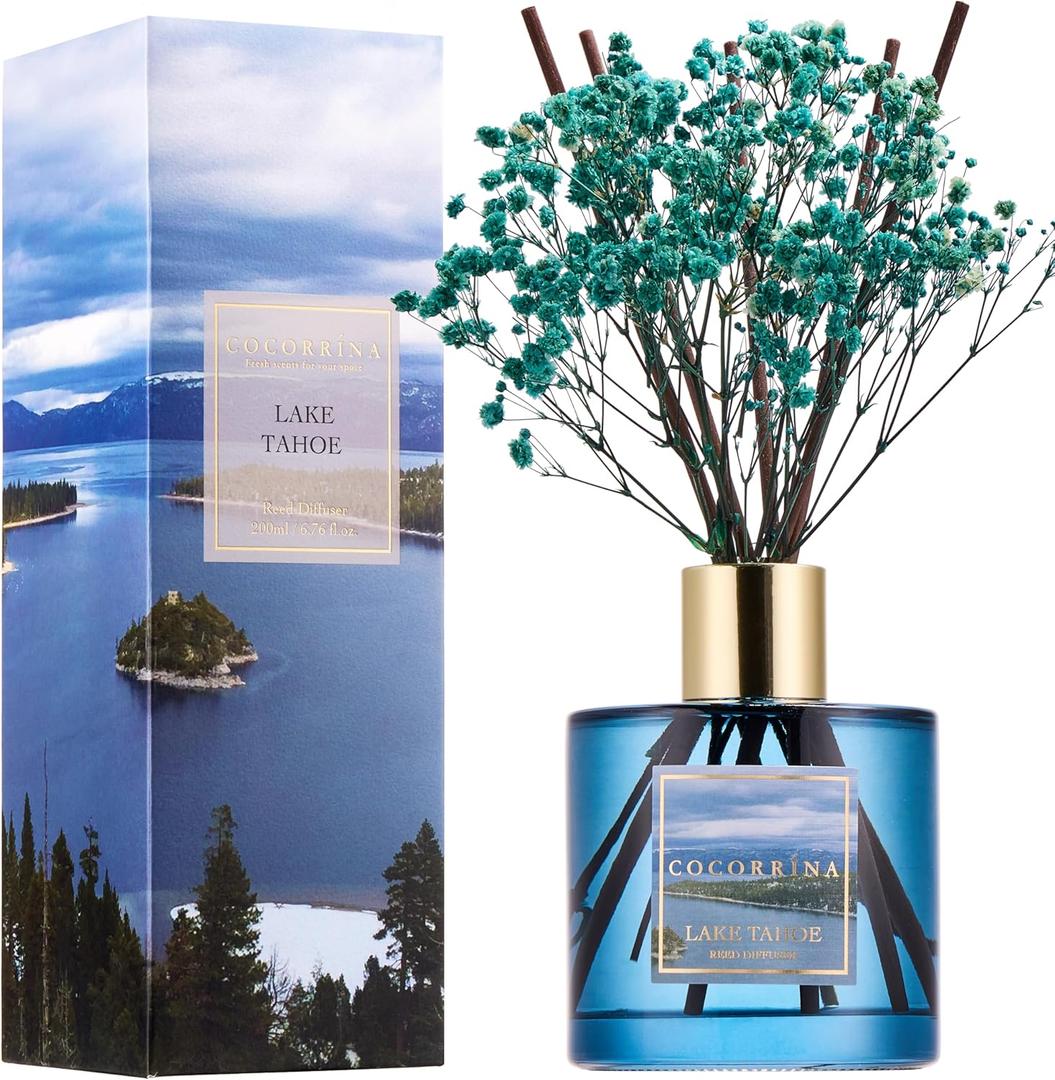 COCORRNA Reed Diffuser - Lake Tahoe 6.7 Fl.oz Reed Diffuser Set with 8 Sticks & Preserved Baby's Breath, Reed Diffuser for Home Bathroom Shelf Decor