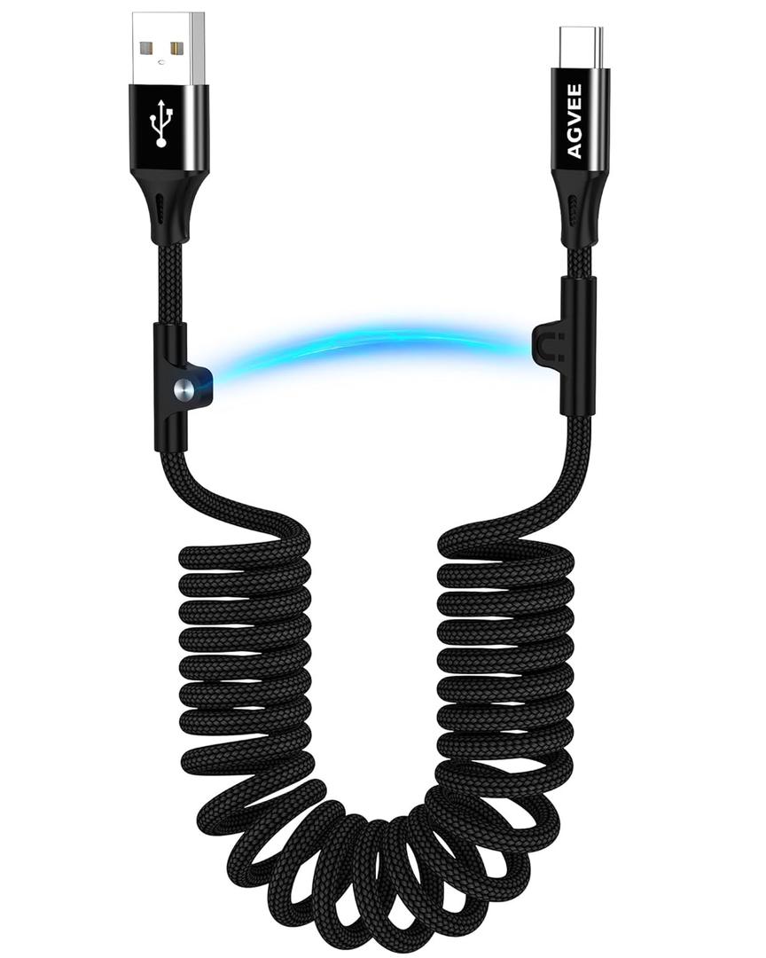 AGVEE 3ft Carplay Cable for iPhone 17 16 15, [USB-IF Certified] Coiled USB-A to USB-C Car Play & Android Auto Cord, Fast Charger Charging Data Transfer Cable, Black