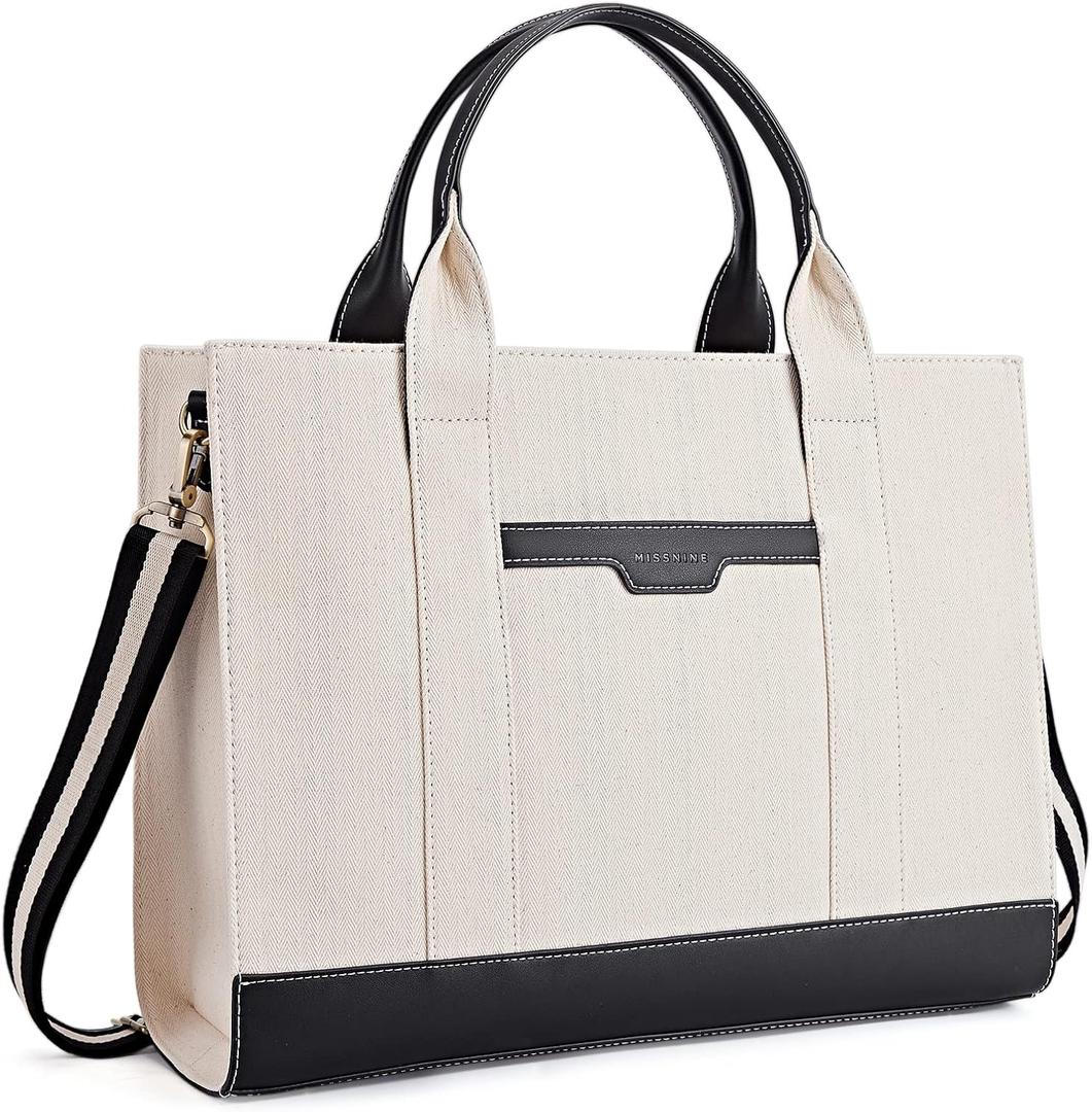 Missnine Tote Bag Canvas Laptop Bag 15.6 inch Briefcase for Women Large Capacity Handbag for Office, School, Travel (Classic Black)